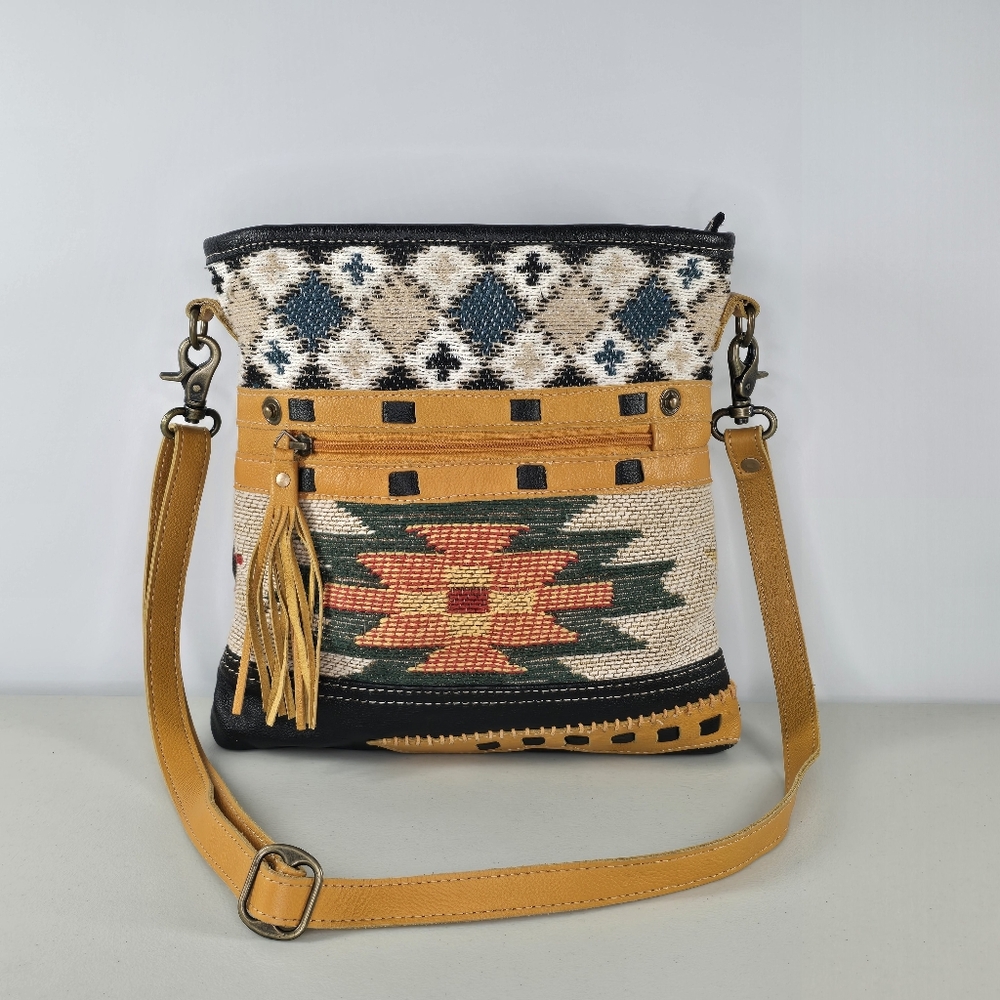 Myra Boho Southwestern Purse Woven & Leather Crossbody Bag